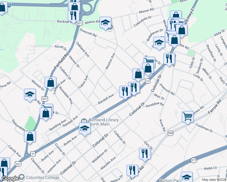 map of restaurants, bars, coffee shops, grocery stores, and more near 1027 Oakland Avenue in Columbia