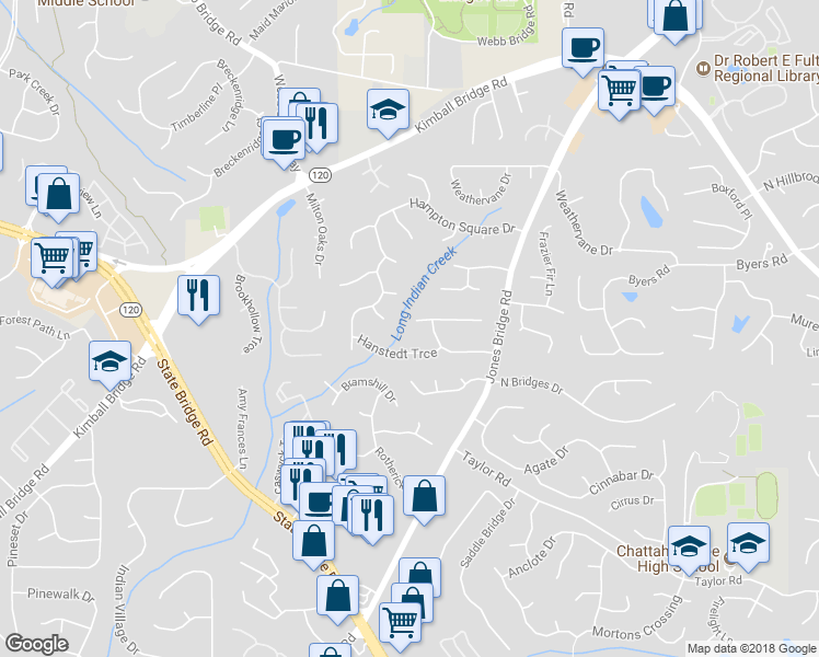 map of restaurants, bars, coffee shops, grocery stores, and more near 4745 Minden Chase in Alpharetta