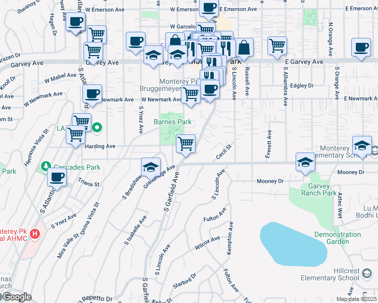 map of restaurants, bars, coffee shops, grocery stores, and more near 515 Garfield Avenue South in Monterey Park