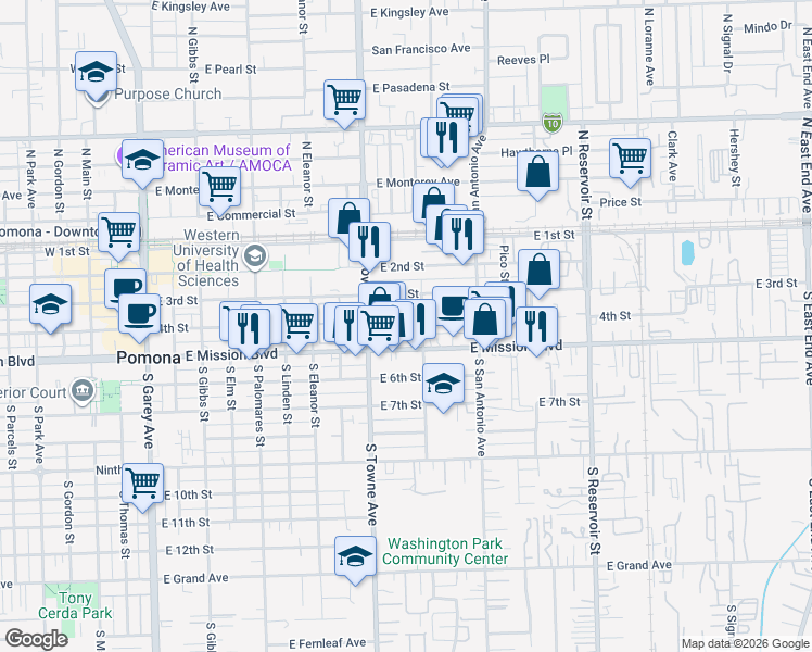 map of restaurants, bars, coffee shops, grocery stores, and more near 890 4th Street in Pomona