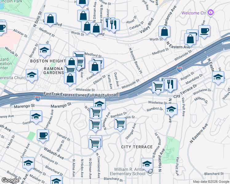 map of restaurants, bars, coffee shops, grocery stores, and more near 3610 Whiteside Street in Los Angeles
