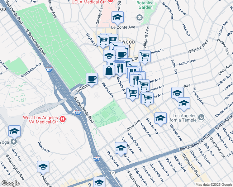 map of restaurants, bars, coffee shops, grocery stores, and more near 10996 Wellworth Avenue in Los Angeles