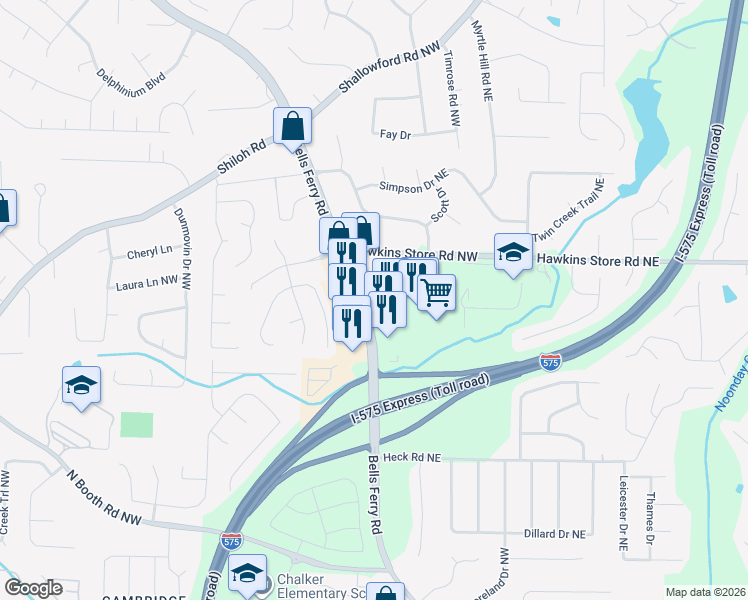 map of restaurants, bars, coffee shops, grocery stores, and more near 4300 Bells Ferry Road in Kennesaw