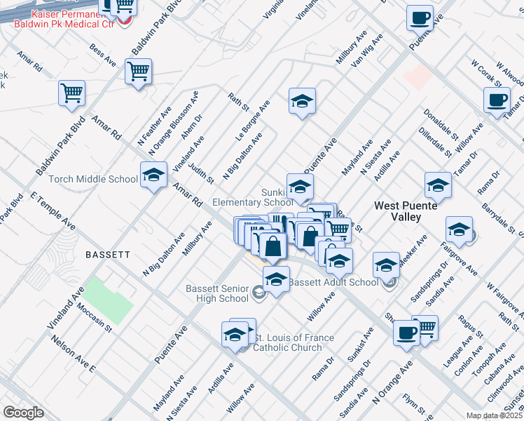 map of restaurants, bars, coffee shops, grocery stores, and more near in City of Industry