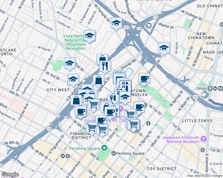 map of restaurants, bars, coffee shops, grocery stores, and more near 800 West 1st Street in Los Angeles