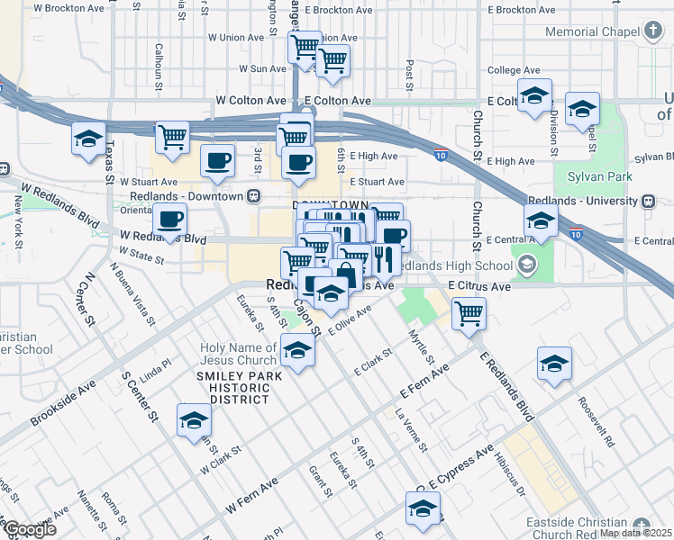 map of restaurants, bars, coffee shops, grocery stores, and more near 15 North 6th Street in Redlands