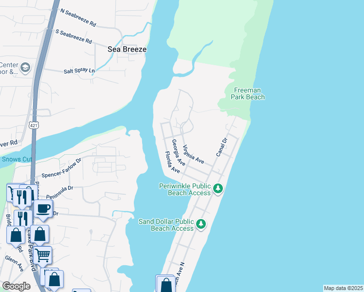 map of restaurants, bars, coffee shops, grocery stores, and more near 213 Virginia Avenue in Carolina Beach