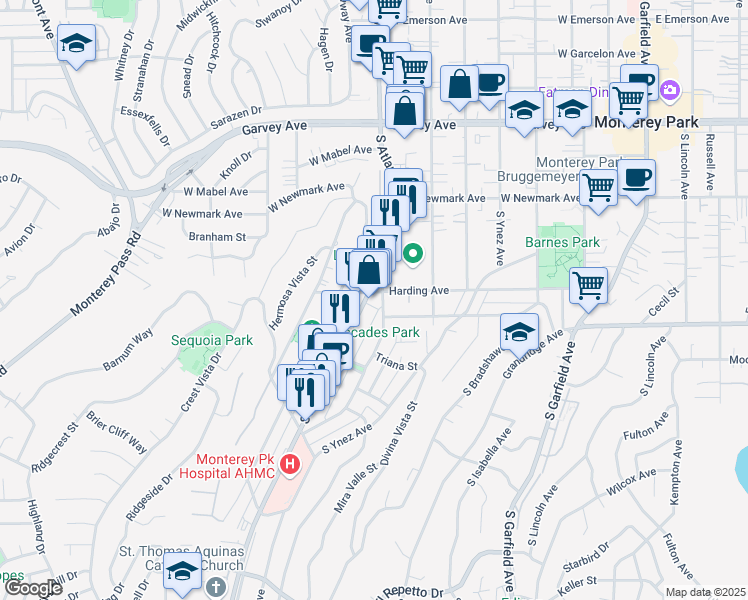 map of restaurants, bars, coffee shops, grocery stores, and more near 500 North Atlantic Boulevard in Monterey Park