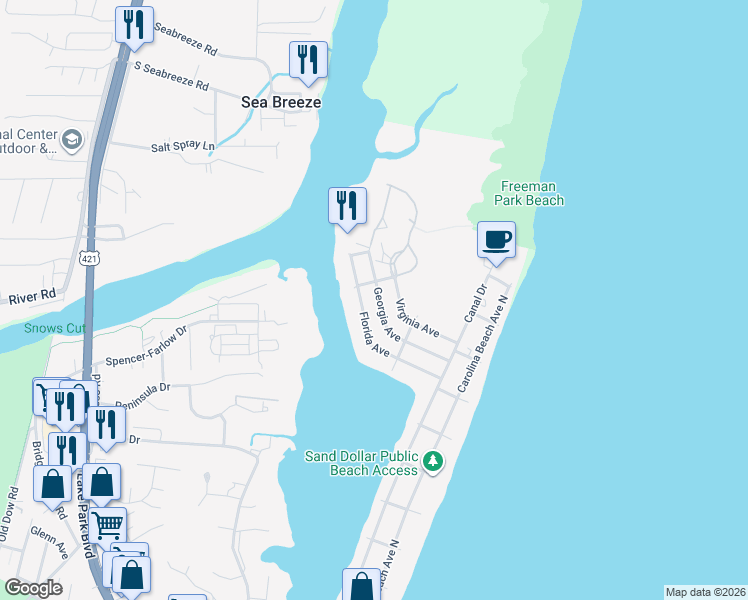 map of restaurants, bars, coffee shops, grocery stores, and more near 221 Georgia Avenue in Carolina Beach