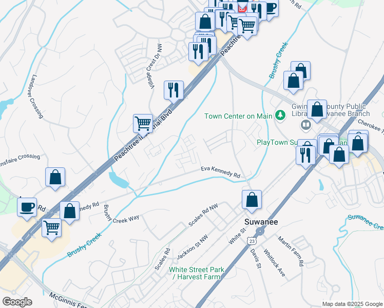 map of restaurants, bars, coffee shops, grocery stores, and more near 637 Eva Kennedy Road in Suwanee