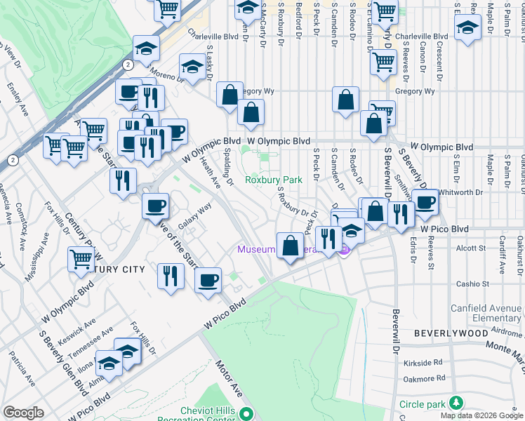 map of restaurants, bars, coffee shops, grocery stores, and more near 495 South Spalding Drive in Beverly Hills
