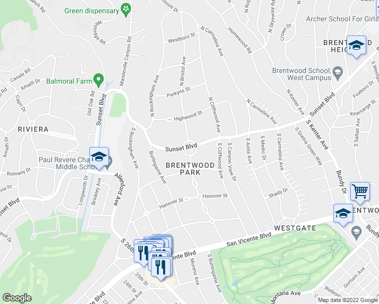map of restaurants, bars, coffee shops, grocery stores, and more near 12779 South Bristol Circle in Los Angeles