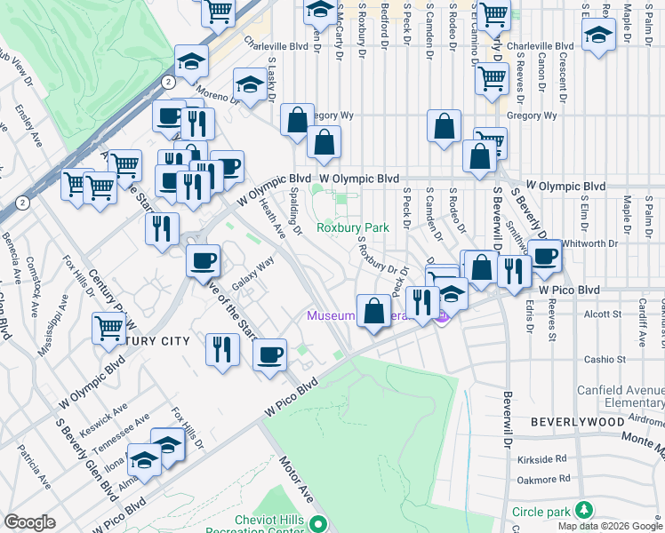 map of restaurants, bars, coffee shops, grocery stores, and more near 495 South Spalding Drive in Beverly Hills