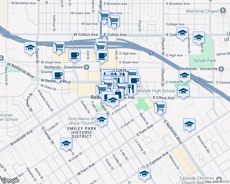map of restaurants, bars, coffee shops, grocery stores, and more near 15 North 6th Street in Redlands
