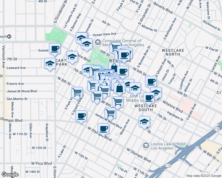 map of restaurants, bars, coffee shops, grocery stores, and more near 2023 West 7th Street in Los Angeles