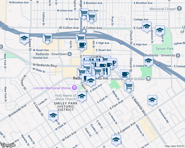 map of restaurants, bars, coffee shops, grocery stores, and more near 208 East State Street in Redlands