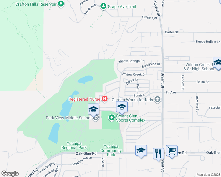 map of restaurants, bars, coffee shops, grocery stores, and more near 34936 Summerwood Drive in Yucaipa