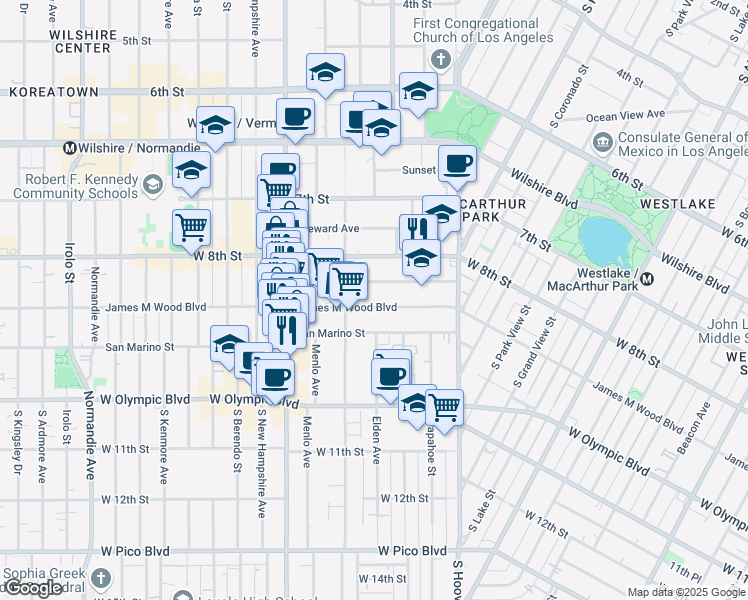map of restaurants, bars, coffee shops, grocery stores, and more near 2743 James M Wood Boulevard in Los Angeles