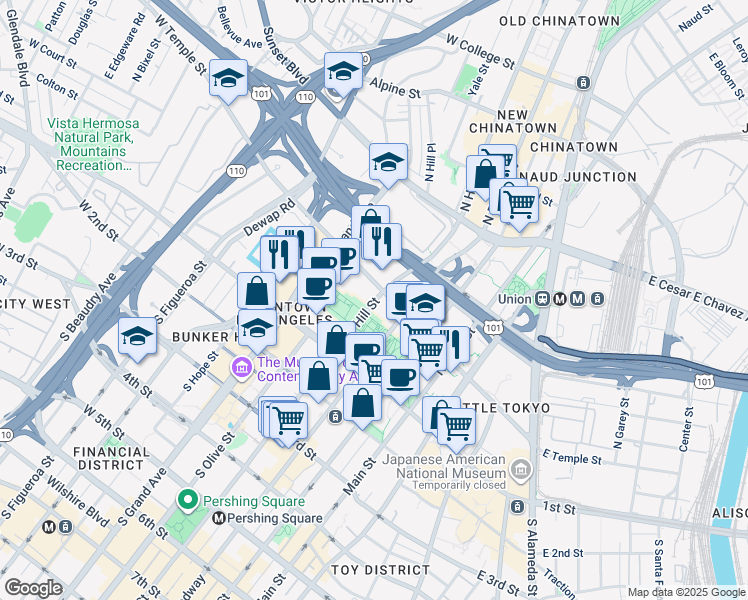 map of restaurants, bars, coffee shops, grocery stores, and more near 235 North Hill Street in Los Angeles