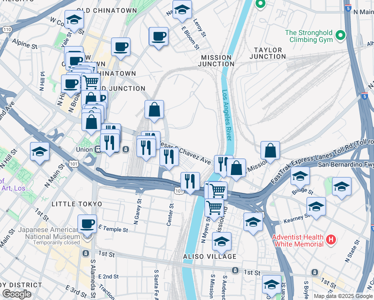 map of restaurants, bars, coffee shops, grocery stores, and more near 701 East Cesar E Chavez Avenue in Los Angeles