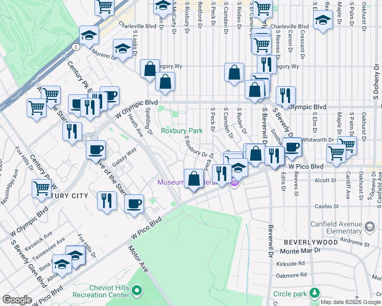 map of restaurants, bars, coffee shops, grocery stores, and more near 1214 Beverly Green Drive in Los Angeles