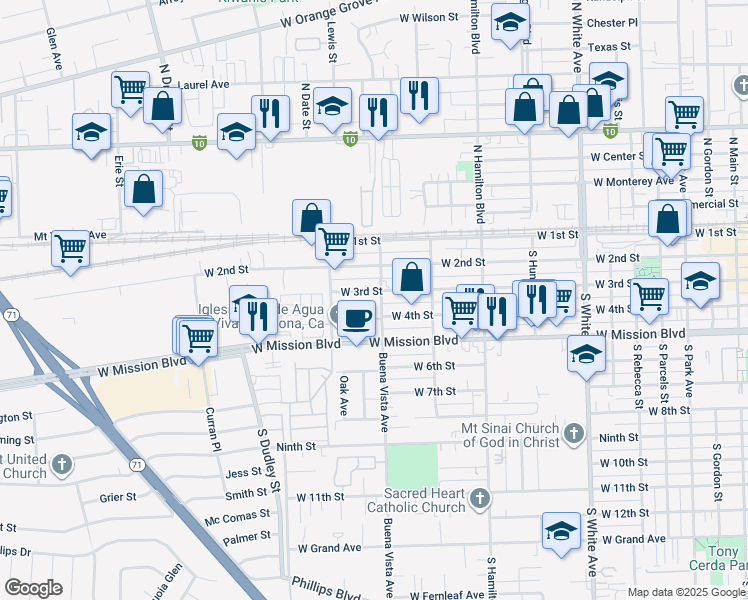 map of restaurants, bars, coffee shops, grocery stores, and more near 343 Buena Vista Avenue in Pomona
