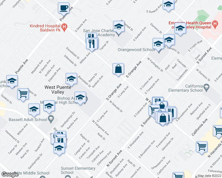 map of restaurants, bars, coffee shops, grocery stores, and more near 1448 Sandia Avenue in La Puente