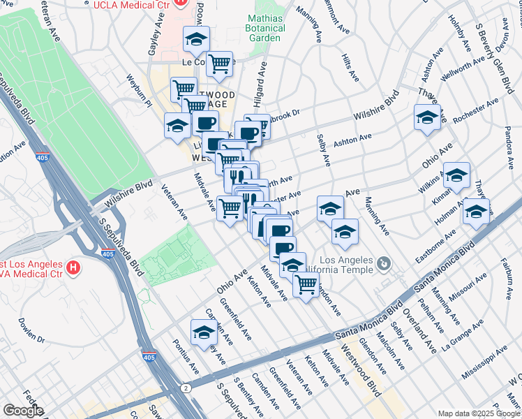 map of restaurants, bars, coffee shops, grocery stores, and more near 10864 Rochester Avenue in Los Angeles