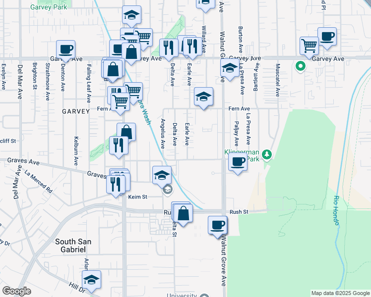 map of restaurants, bars, coffee shops, grocery stores, and more near 2416 Earle Avenue in Rosemead
