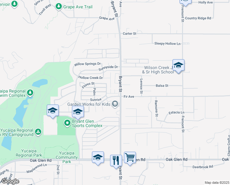 map of restaurants, bars, coffee shops, grocery stores, and more near 31829 Oak Wood Circle in Yucaipa