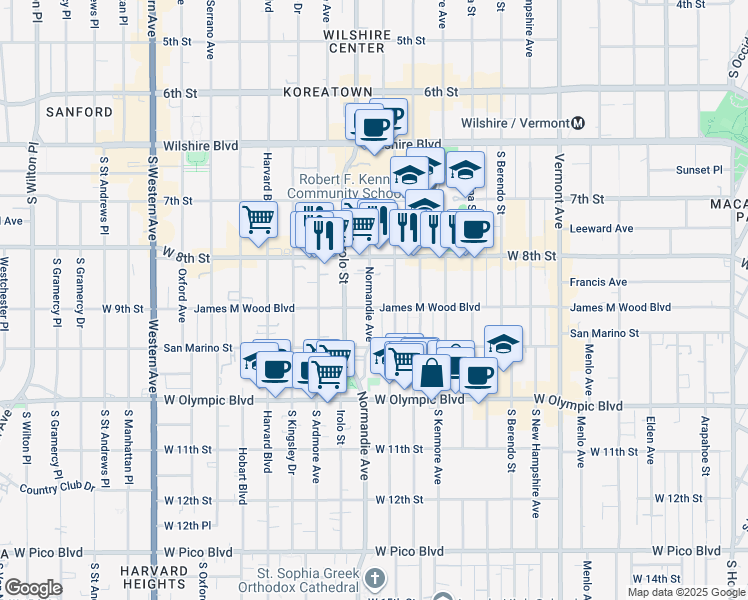 map of restaurants, bars, coffee shops, grocery stores, and more near 854 Normandie Avenue in Los Angeles
