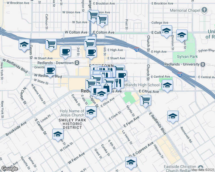map of restaurants, bars, coffee shops, grocery stores, and more near 208 East State Street in Redlands