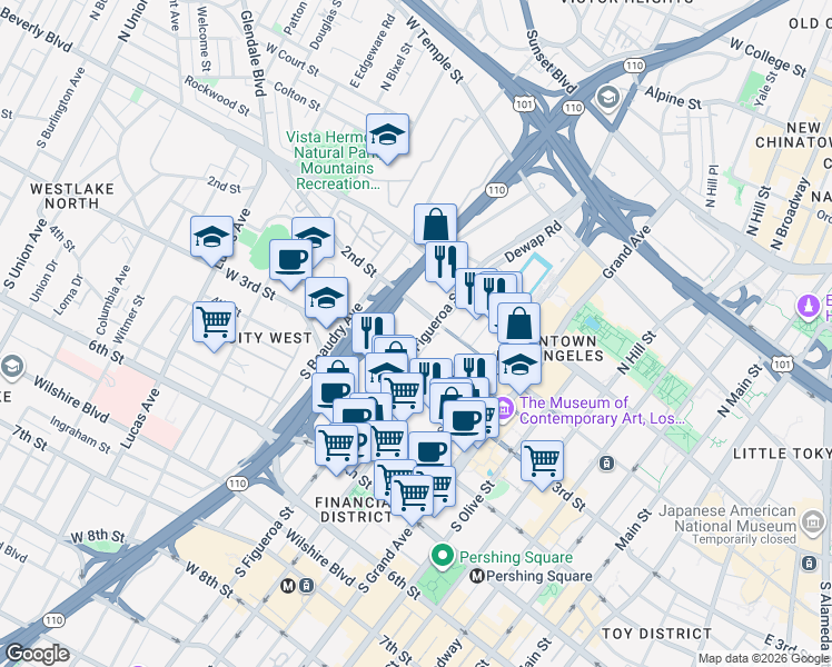 map of restaurants, bars, coffee shops, grocery stores, and more near 201 South Figueroa Street in Los Angeles