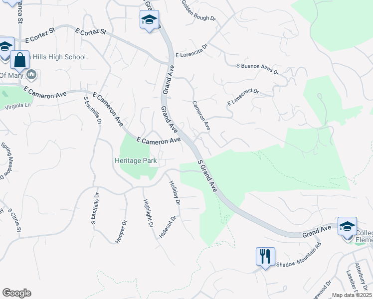 map of restaurants, bars, coffee shops, grocery stores, and more near 19742 Cameron Avenue in Covina