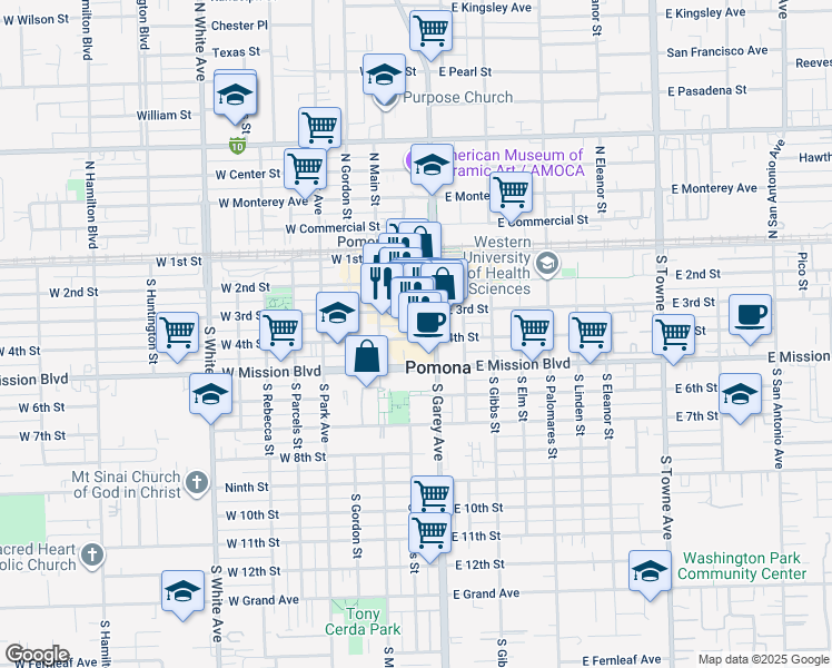 map of restaurants, bars, coffee shops, grocery stores, and more near 395 South Thomas Street in Pomona