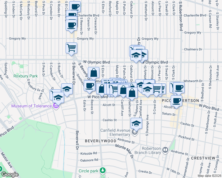 map of restaurants, bars, coffee shops, grocery stores, and more near 1140 Rexford Drive in Los Angeles
