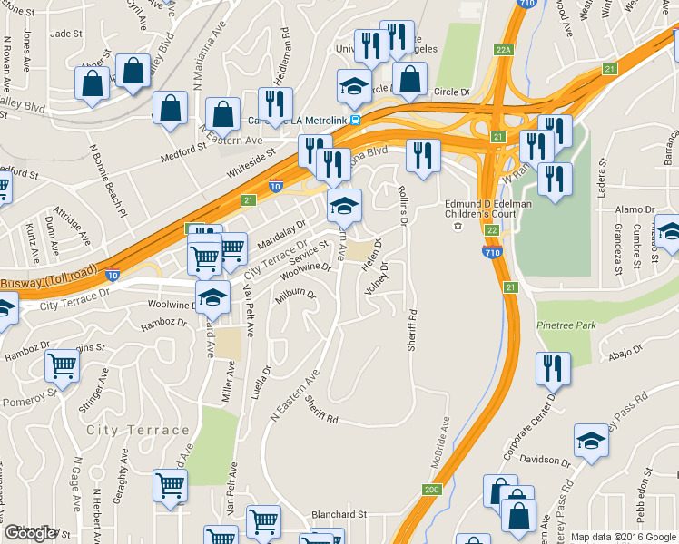 map of restaurants, bars, coffee shops, grocery stores, and more near North Eastern Avenue & Woolwine Drive in Los Angeles