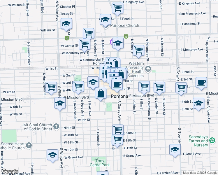 map of restaurants, bars, coffee shops, grocery stores, and more near 395 South Thomas Street in Pomona