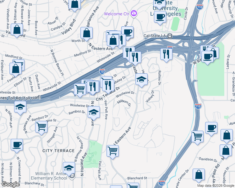 map of restaurants, bars, coffee shops, grocery stores, and more near 4215 Woolwine Drive in Los Angeles