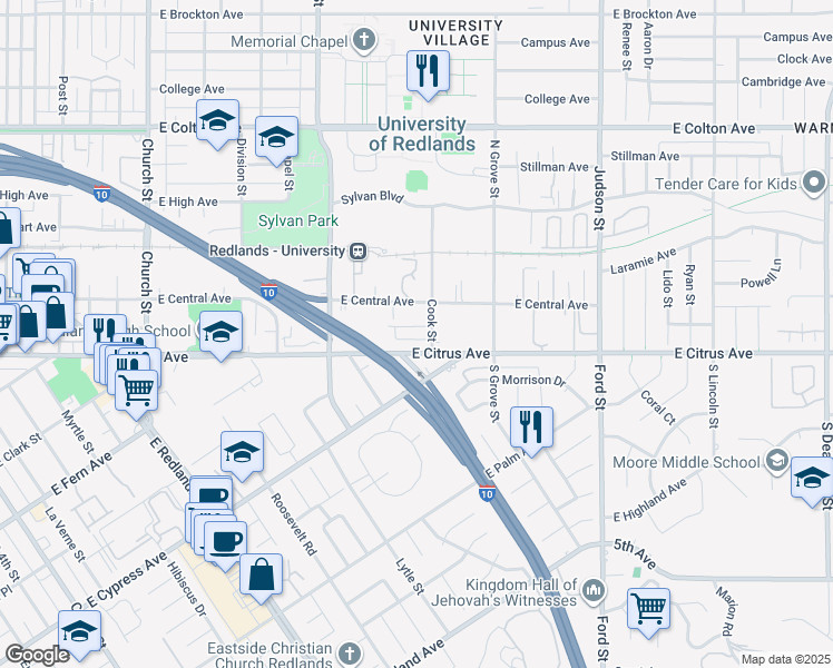 map of restaurants, bars, coffee shops, grocery stores, and more near 1135 East Citrus Avenue in Redlands