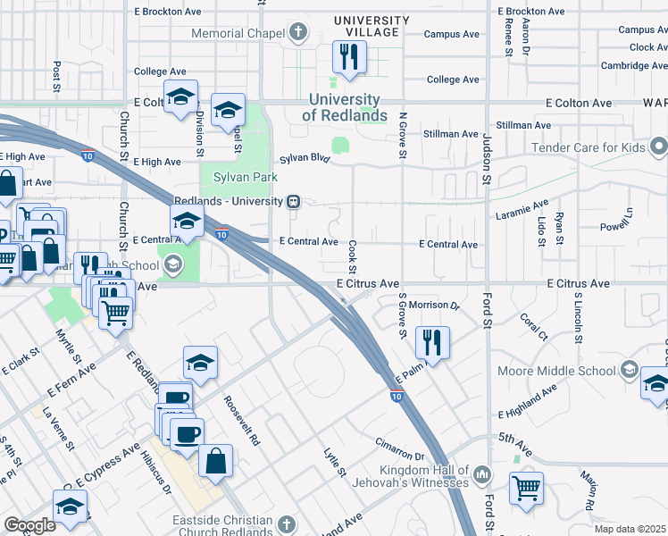 map of restaurants, bars, coffee shops, grocery stores, and more near 1135 East Citrus Avenue in Redlands
