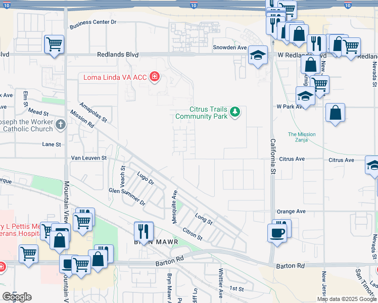 map of restaurants, bars, coffee shops, grocery stores, and more near 10876 Bryn Mawr Avenue in Redlands