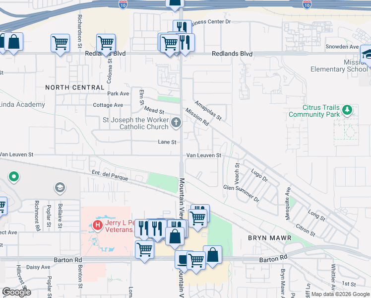 map of restaurants, bars, coffee shops, grocery stores, and more near 25734 Van Leuven Street in Loma Linda