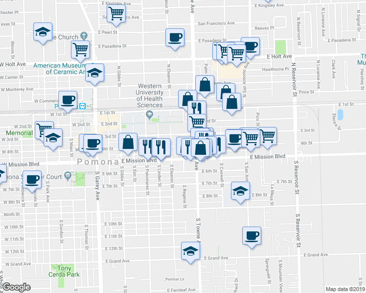 map of restaurants, bars, coffee shops, grocery stores, and more near 750 East 3rd Street in Pomona