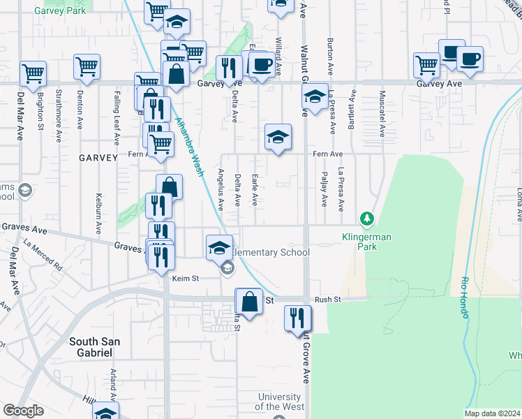 map of restaurants, bars, coffee shops, grocery stores, and more near 2416 Earle Avenue in Rosemead