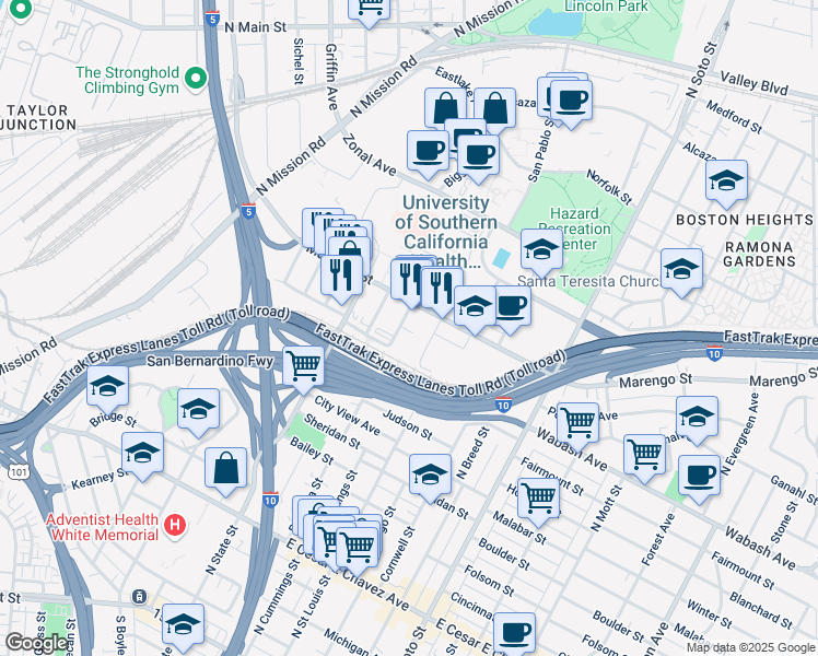 map of restaurants, bars, coffee shops, grocery stores, and more near 1036 Brittania Street in Los Angeles