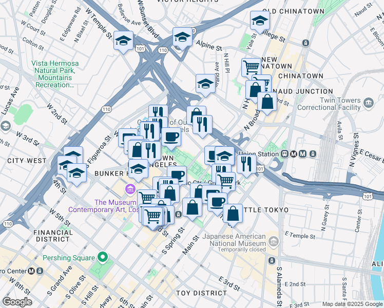 map of restaurants, bars, coffee shops, grocery stores, and more near 235 North Hill Street in Los Angeles