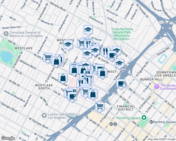 map of restaurants, bars, coffee shops, grocery stores, and more near 455 Lucas Avenue in Los Angeles
