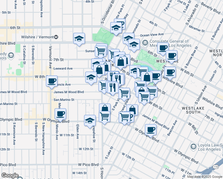 map of restaurants, bars, coffee shops, grocery stores, and more near 826 South Carondelet Street in Los Angeles