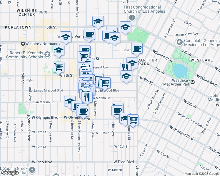 map of restaurants, bars, coffee shops, grocery stores, and more near 2761 West 9th Street in Los Angeles